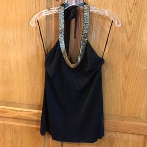 GUESS Black Silk Halter Top; Gold Beaded Neck; Med
